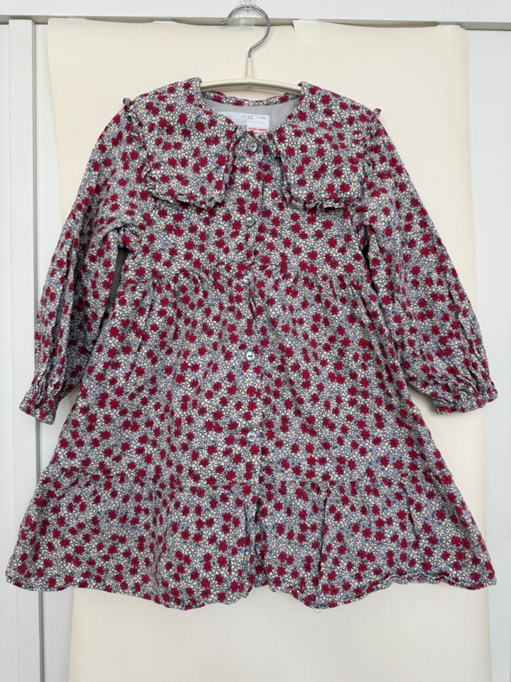 Zara Red and White Floral Long-Sleeve Dress with Peter Pan Collar